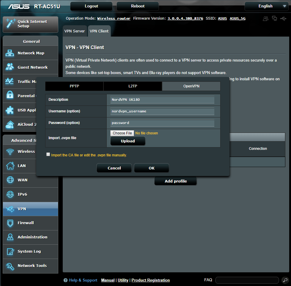 Filling in your NordVPN credentials